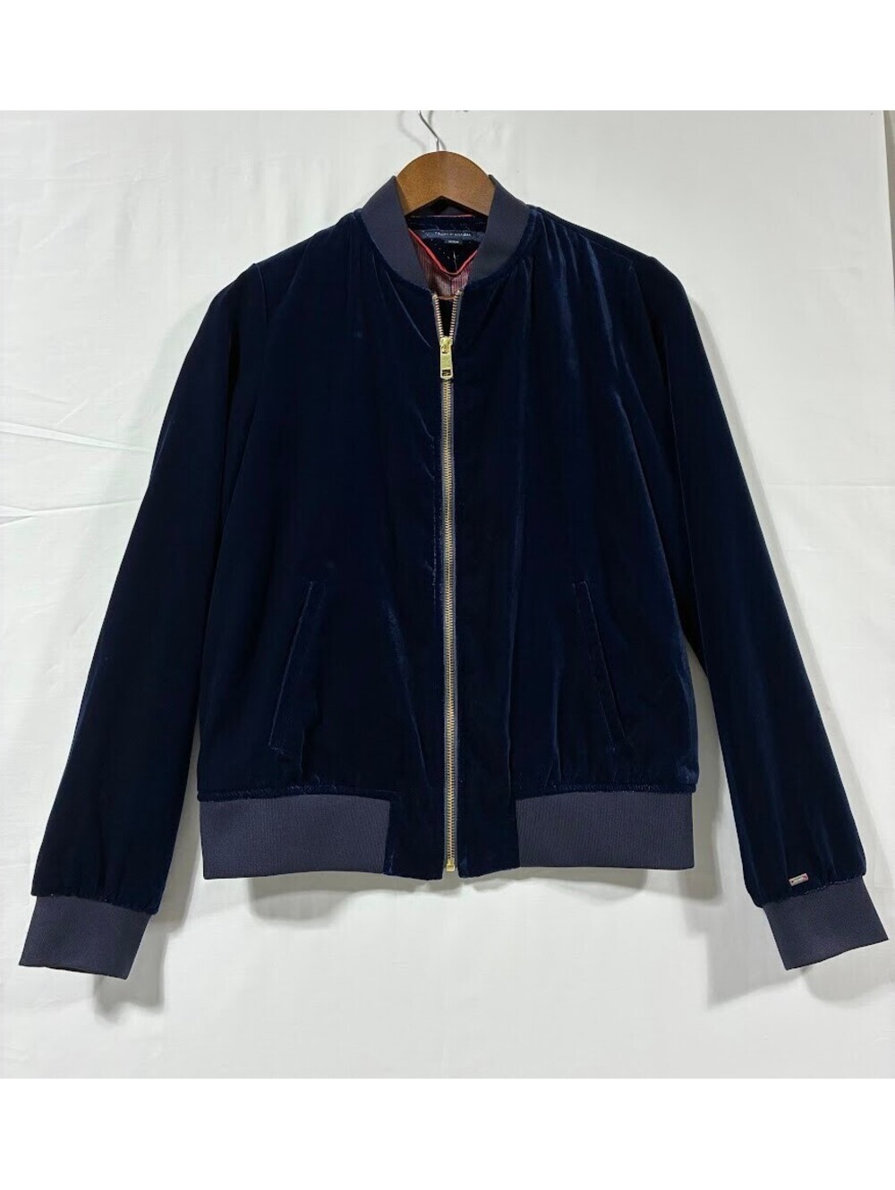 Tommy Hilfiger Navy Velvet Bomber Jacket Women's Gold Zip Ribbed Trim Size S
